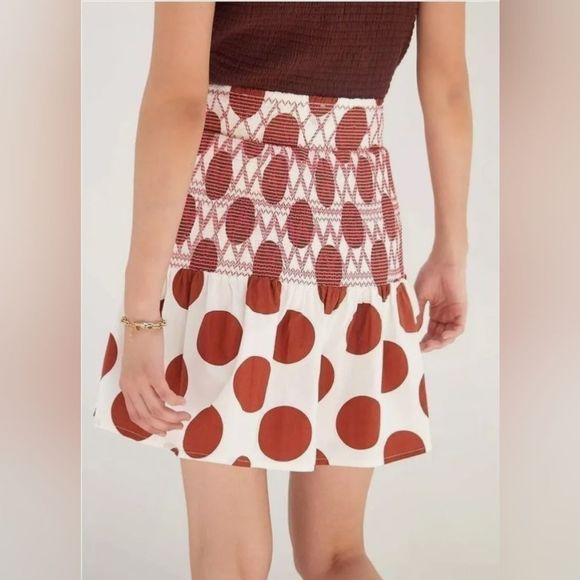 Anthropologie Maeve Polka Dot Smocked Mini Dress Cream/Rust NWOT Sz. XS - Picture 3 of 9